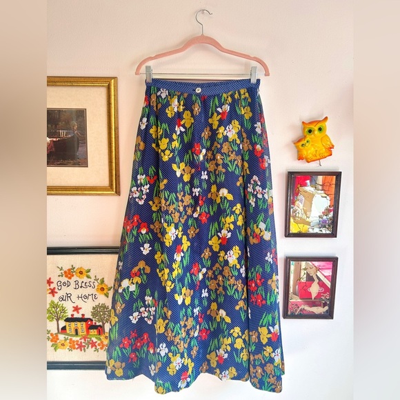 Vintage 1970s Navy Floral Maxi Skirt Cotton Blend A-Line Boho Cottagecore Skirt - Picture 6 of 9